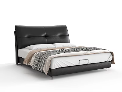 Modern Double Bed With Black Leather Headboard And Comfortable Striped Bedspread 3d model