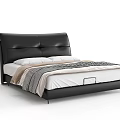 Modern Double Bed With Black Leather Headboard And Comfortable Striped Bedspread 3d model