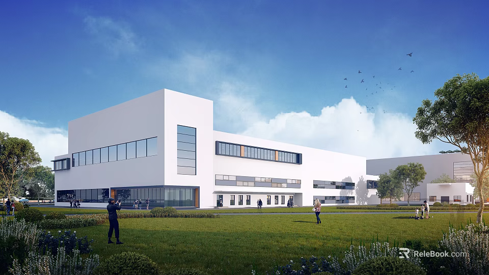 Modern White Building With Large Glass Windows Green Lawn And People Outdoor 3d model 