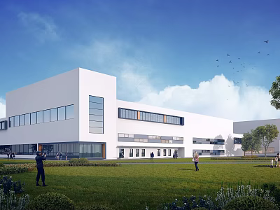 Modern White Building With Large Glass Windows Green Lawn And People Outdoor 3d model