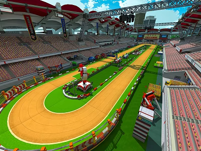 Cartoon Indoor Bicycle Track Stadium With Circular Path Spectator Seats And Flags 3d model
