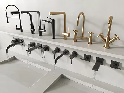 Modern Black And Gold Faucets On White Countertop With Flowing Water 3d model