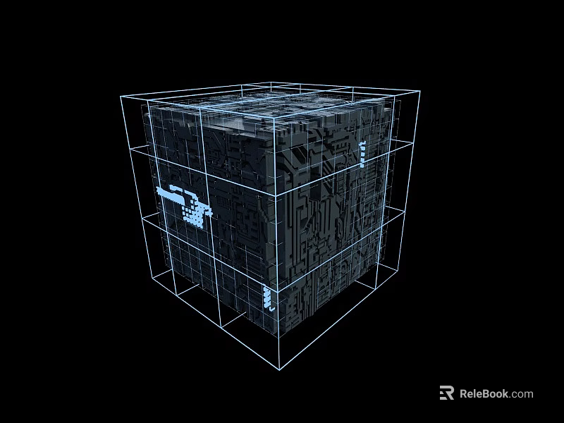 Detailed 3D Wireframe Cube Featuring Intricate Circuitry Patterns on Black Background 3d model 