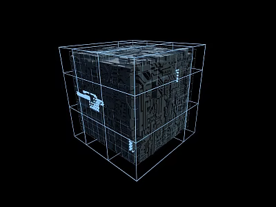 Detailed 3D Wireframe Cube Featuring Intricate Circuitry Patterns on Black Background 3d model