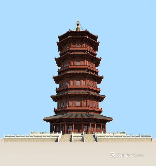 Traditional Multi tiered Red Wooden Pagoda With Stone Steps And Clear Blue Sky 3d model 