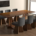 Wooden Dining Table With Six Gray Striped Cushioned Chairs On Wooden Floor And Natural Light