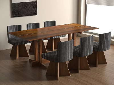 Wooden Dining Table With Six Gray Striped Cushioned Chairs On Wooden Floor And Natural Light 3d model