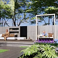 Outdoor Pergola Dining Area With Table Chairs Paved Floor Green Plants And Flowers