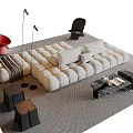 Modern White Plush Sofa And Marble Coffee Table Set With Floor Lamps And Decorative Stools