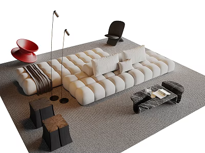 Modern White Plush Sofa And Marble Coffee Table Set With Floor Lamps And Decorative Stools 3d model