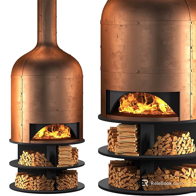 Copper Fireplace Design With Burning Flames And Stacked Wood Logs 3d model