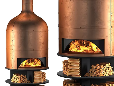 Copper Fireplace Design With Burning Flames And Stacked Wood Logs 3d model