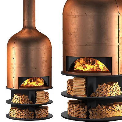 Copper Fireplace Design With Burning Flames And Stacked Wood Logs 3d model