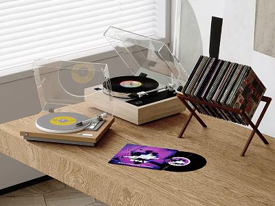 Vintage Turntable Audio System On Wooden Table With Vinyl Records And Holder 3d model