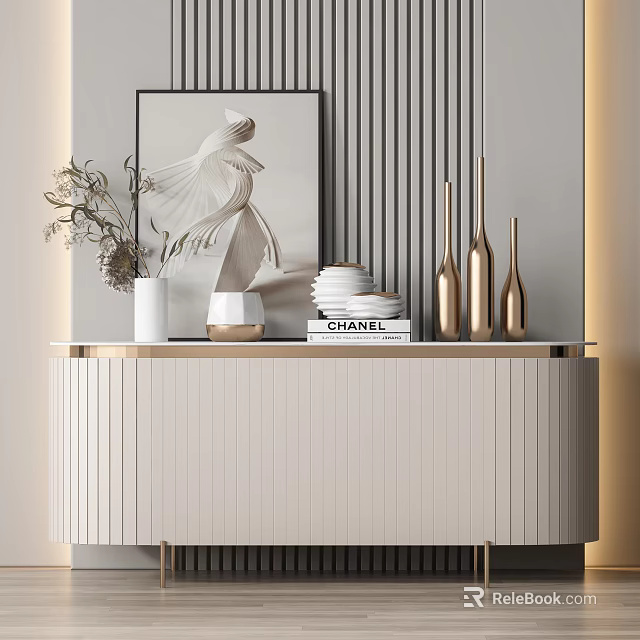 Elegant Modern Entryway Console Table With Decorative Art Vases Books And Plants 3d model 