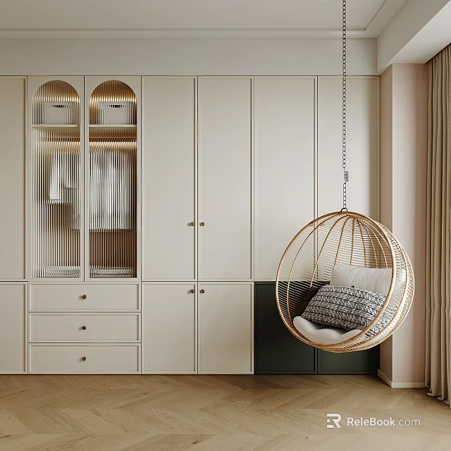 Modern Minimalist Closet Design With Glass Panel Doors Drawers And Rattan Swing Chair 3d model 