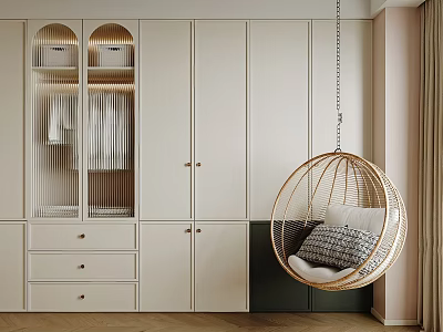 Modern Minimalist Closet Design With Glass Panel Doors Drawers And Rattan Swing Chair 3d model