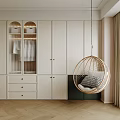 Modern Minimalist Closet Design With Glass Panel Doors Drawers And Rattan Swing Chair