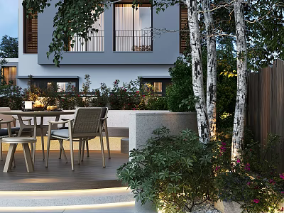 Modern Garden Patio Design With Table Chair Set Birch Trees Green Plants Flowers And Lighting 3d model