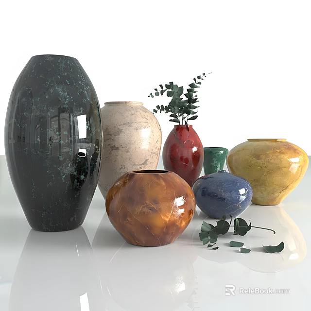 Colorful Ceramic Vases in Various Shapes with Green Leaves for Home Decor 3d model 