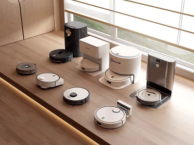 Smart Home Machines Including Robotic Vacuums And Coffee Maker On Wooden Countertop 3d model