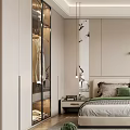 Modern Minimalist Bedroom With Striped Wall Bed Desk Chair Wall Lamp And Window Curtains