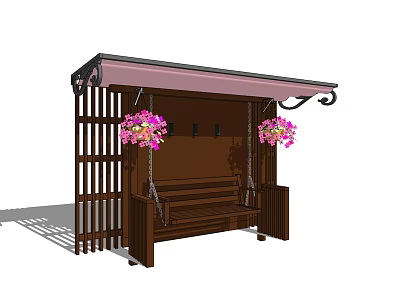 Outdoor Wooden Hanging Chair Bench With Canopy And Pink Flower Decor 3d model
