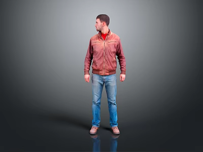 Man Wearing Red Jacket and Blue Jeans Standing Against Gray Background 3d model