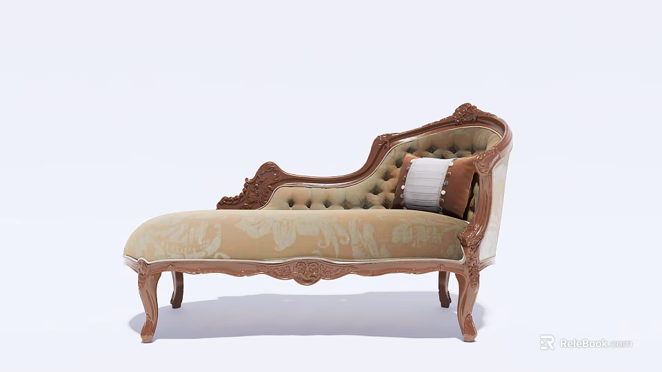 Classical Style Chaise Lounge With Carved Wooden Frame Patterned Upholstery And Decorative Cushions 3d model 