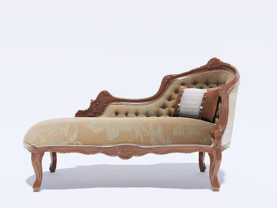 Classical Style Chaise Lounge With Carved Wooden Frame Patterned Upholstery And Decorative Cushions 3d model