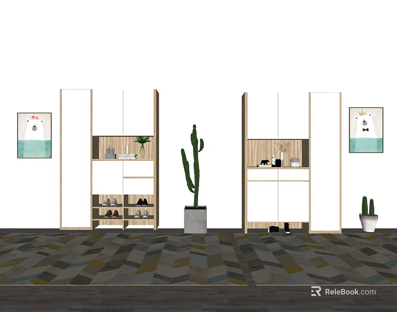 Modern White Wooden Shoe Cabinet With Open Shelves For Shoes Decorative Art And Potted Cactus 3d model 