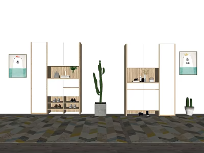 Modern White Wooden Shoe Cabinet With Open Shelves For Shoes Decorative Art And Potted Cactus 3d model