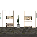 Modern White Wooden Shoe Cabinet With Open Shelves For Shoes Decorative Art And Potted Cactus