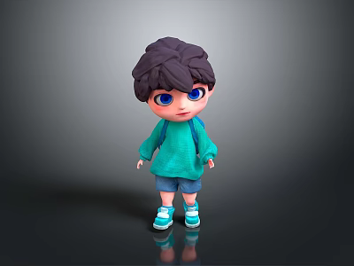 3D Cartoon Boy Character With Purple Hair Blue Eyes Green Hoodie And Backpack 3d model