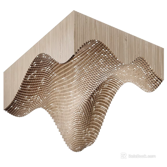 Unique Wave Shaped Wooden Ceiling With Perforated Details 3d model 