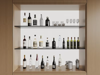 Stylish Wine Cabinet With Multiple Shelves Holding Various Wine Bottles And Glasses 3d model