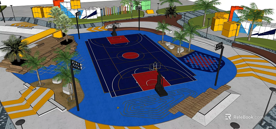 Community Park Basketball Court With Blue Surface Red Key Areas Palm Trees And Light Poles 3d model 