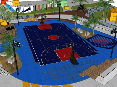 Community Park Basketball Court With Blue Surface Red Key Areas Palm Trees And Light Poles 3d model
