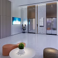 Modern Service Hall Interior With Elevators Seating Green Plants And Glass Doors