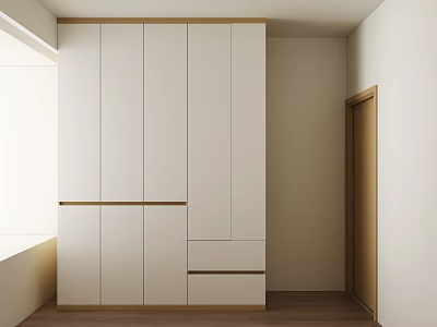 Modern White Wardrobe With Wooden Accents And Drawers In Bedroom Interior 3d model
