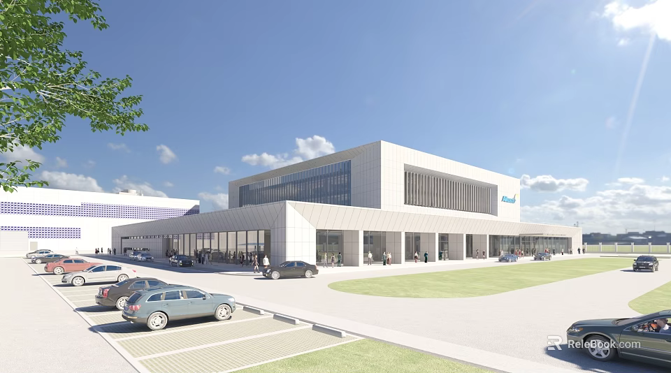 Industrial Plant With Modern Architecture Large Glass Windows Parking Area Green Lawn And Blue Sky 3d model 