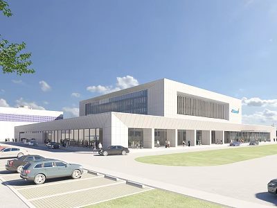 Industrial Plant With Modern Architecture Large Glass Windows Parking Area Green Lawn And Blue Sky 3d model
