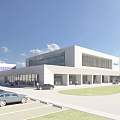 Industrial Plant With Modern Architecture Large Glass Windows Parking Area Green Lawn And Blue Sky