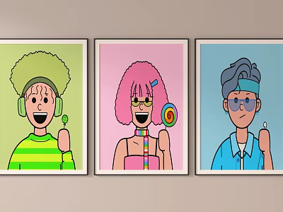 Three Colorful Cartoon Character Portraits Hanging On Wall With Different Hairstyles And Outfits 3d model
