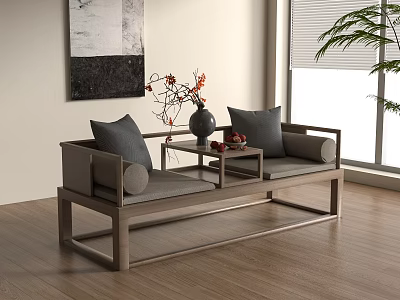 Modern Wooden Daybed With Gray Cushions And Side Table In Living Room Interior Design 3d model