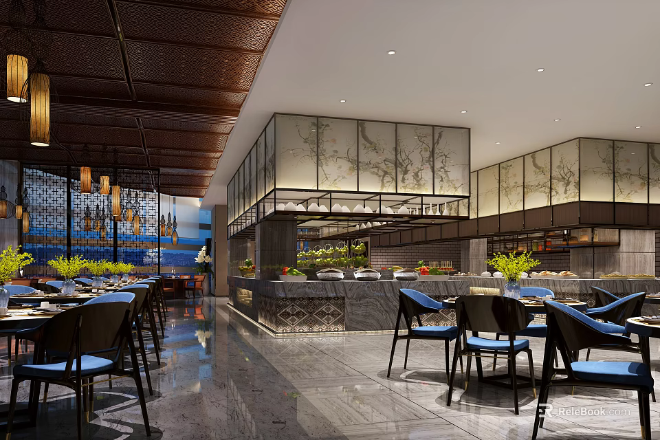 Modern Restaurant Interior Design With Open Dining Area Buffet Counter Decorative Walls And Recessed Lighting 3d model 