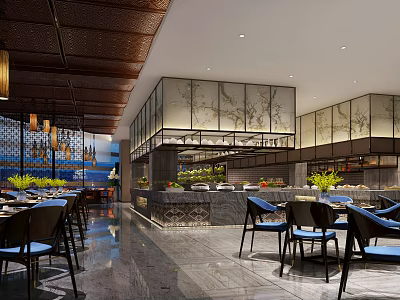 Modern Restaurant Interior Design With Open Dining Area Buffet Counter Decorative Walls And Recessed Lighting 3d model