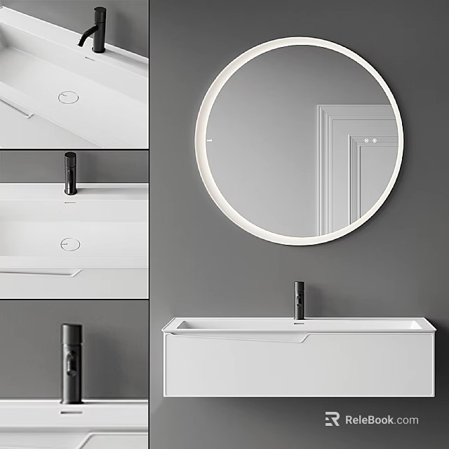 White Bathroom Vanity With Round Mirror And Minimalist Gray Wall Design 3d model