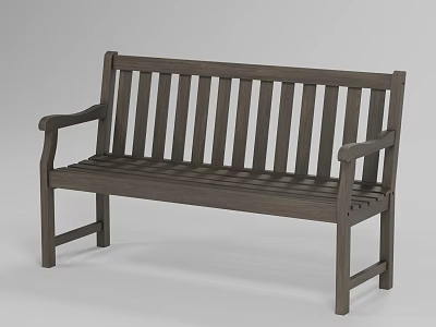 Wooden Public Bench with Slatted Back and Armrests for Outdoor Spaces 3d model