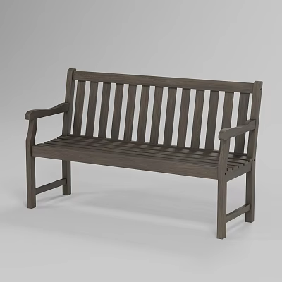 Wooden Public Bench with Slatted Back and Armrests for Outdoor Spaces 3d model